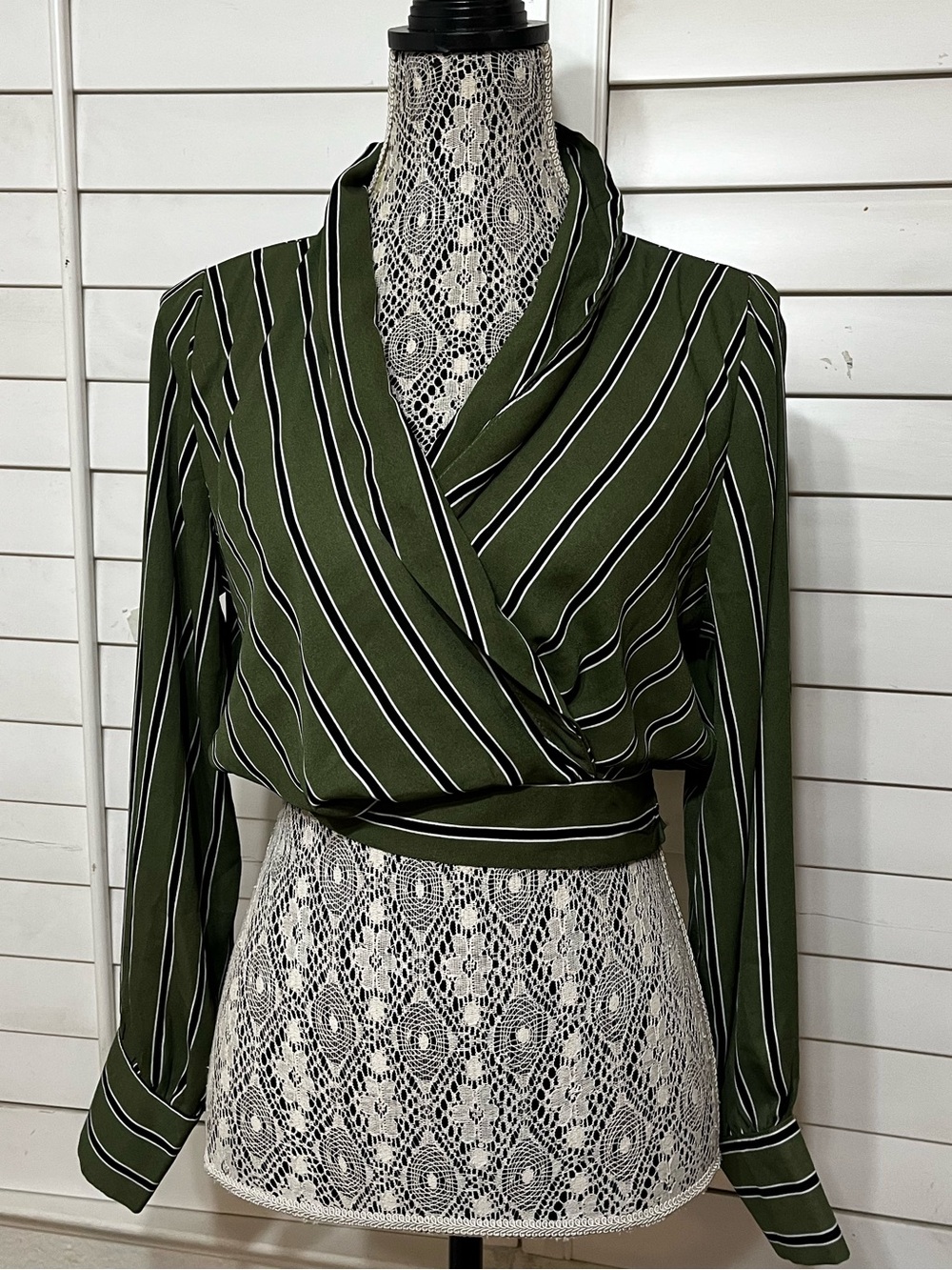 Timing Olive Green Striped Wrap Blouse